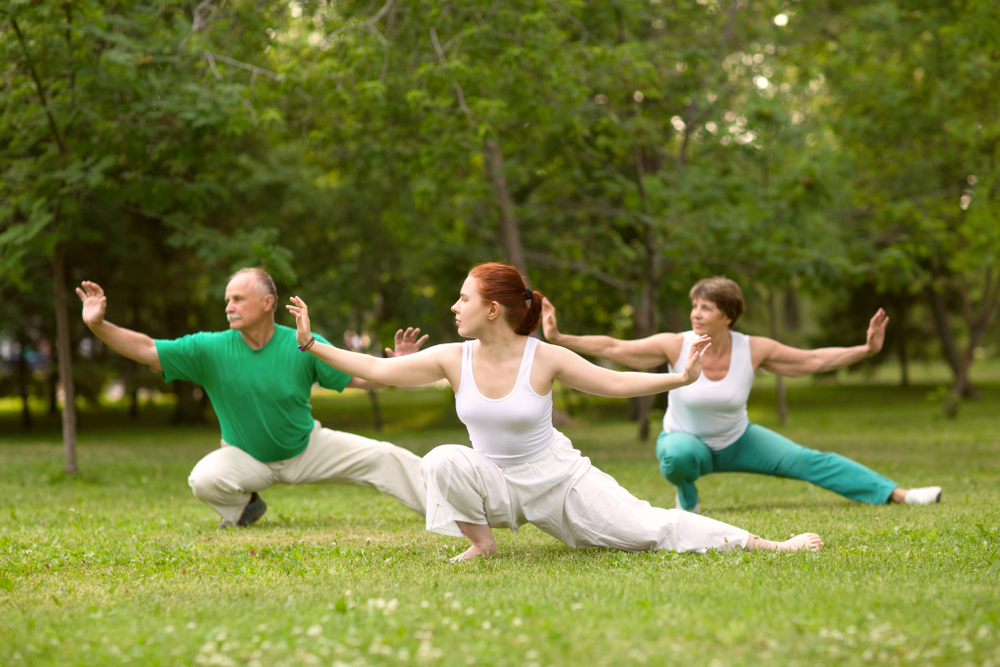 Person practicing Tai Chi outdoors to promote balance, relaxation, and overall health